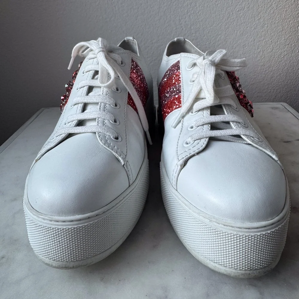 Miu Miu Crystals Glitter‎ White Leather Platform Sneakers Size 10
